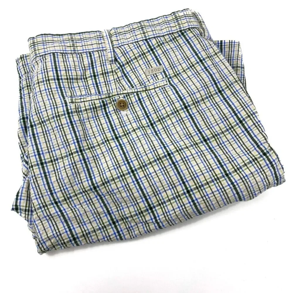 IZOD Mens Golf Shorts Blue Green Yellow Check Bermuda Pockets Size‎ 40